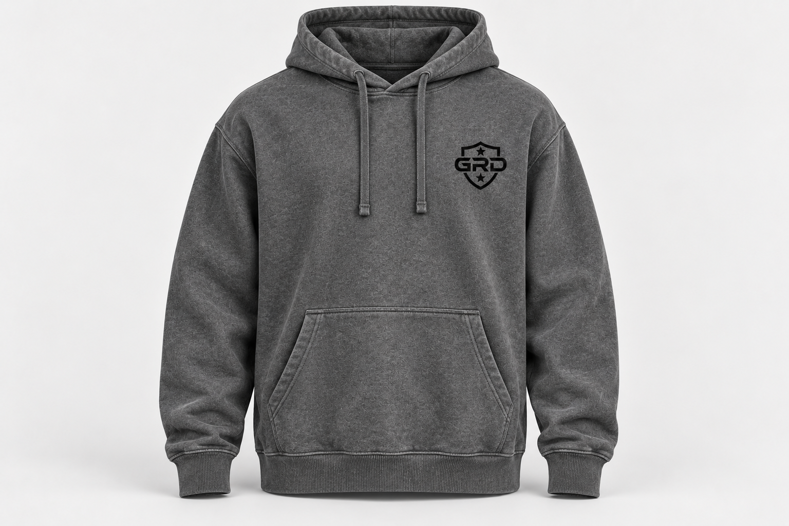 Front of the mineral grey GRD hoodie with the two-star shield on the chest