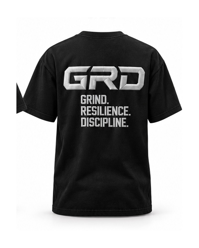 Back of the black GRD T-shirt with the Grind. Resilience. Discipline. message